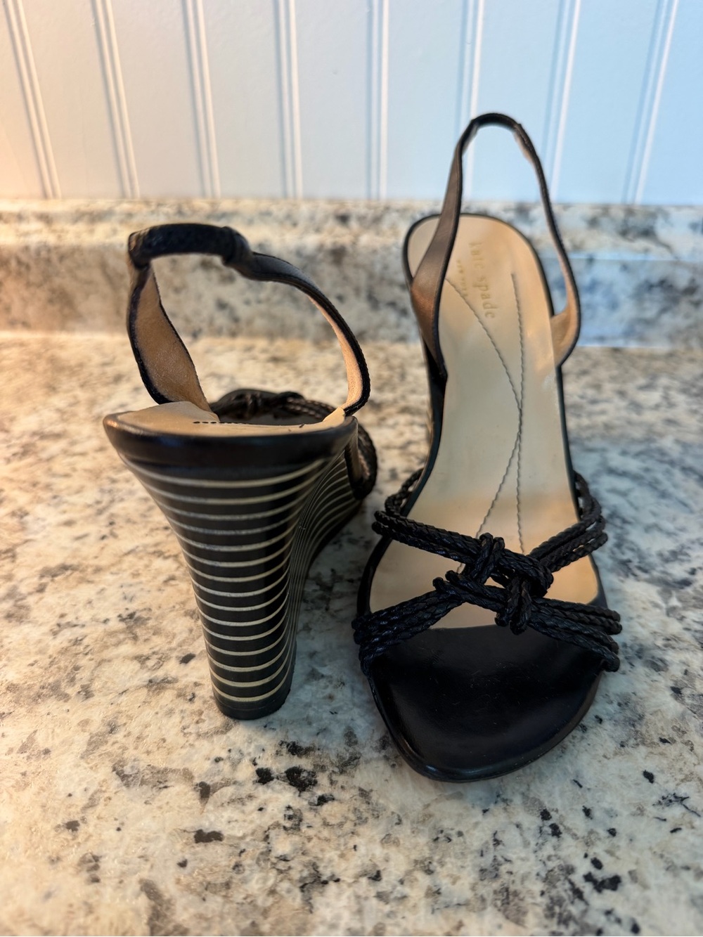 kate spade Black Striped Braided Wedge Sandals Ariel Made in Italy 🇮🇹 - Picture 6 of 9